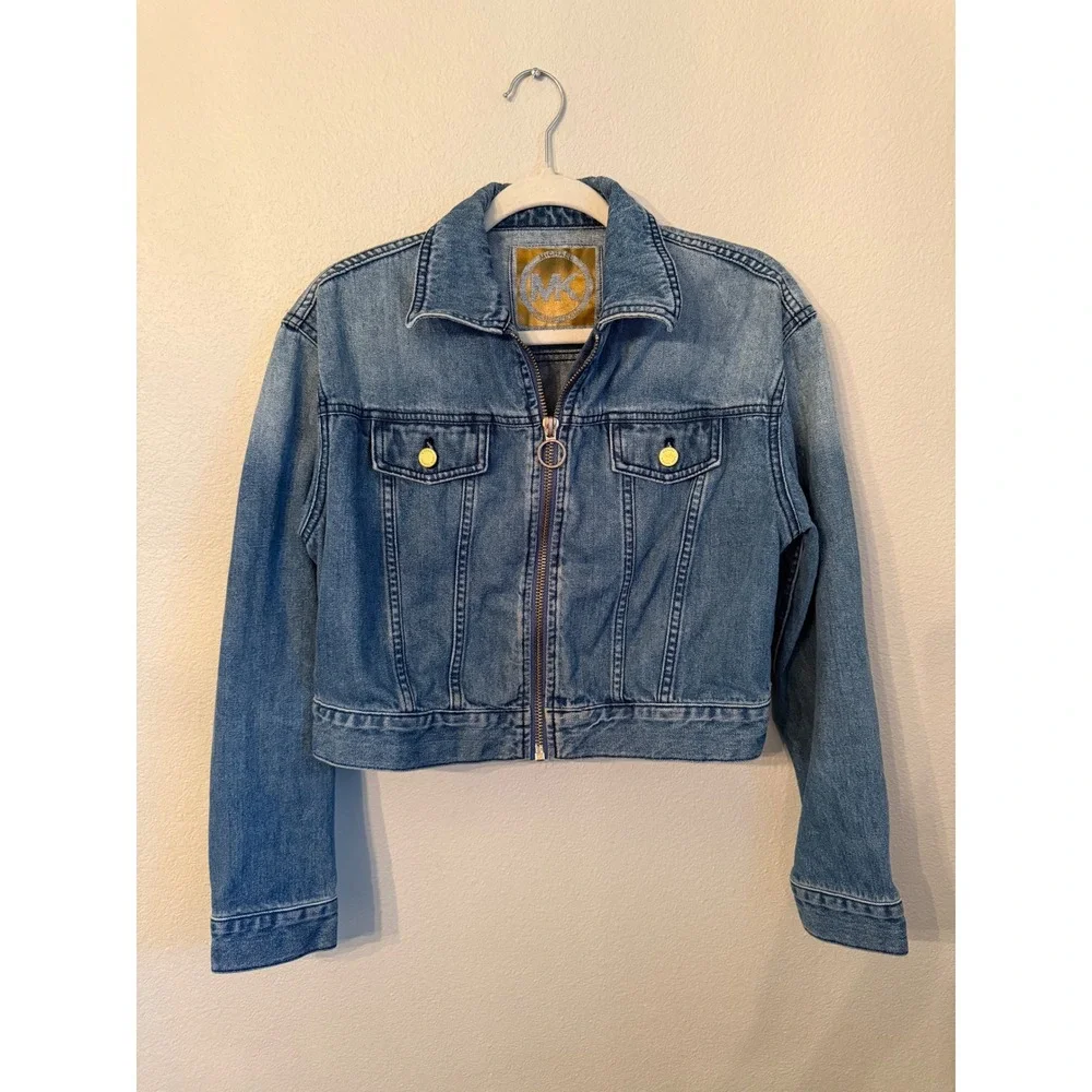 Michael Kors Denim Jacket Women Small Blue Excellent Cropped Zip Front O-Ring